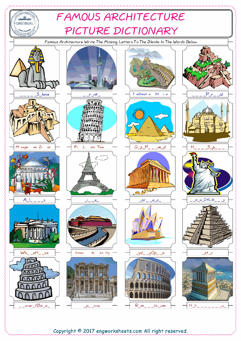  Famous Architecture Words English worksheets For kids, the ESL Worksheet for finding and typing the missing letters of Famous Architecture Words 